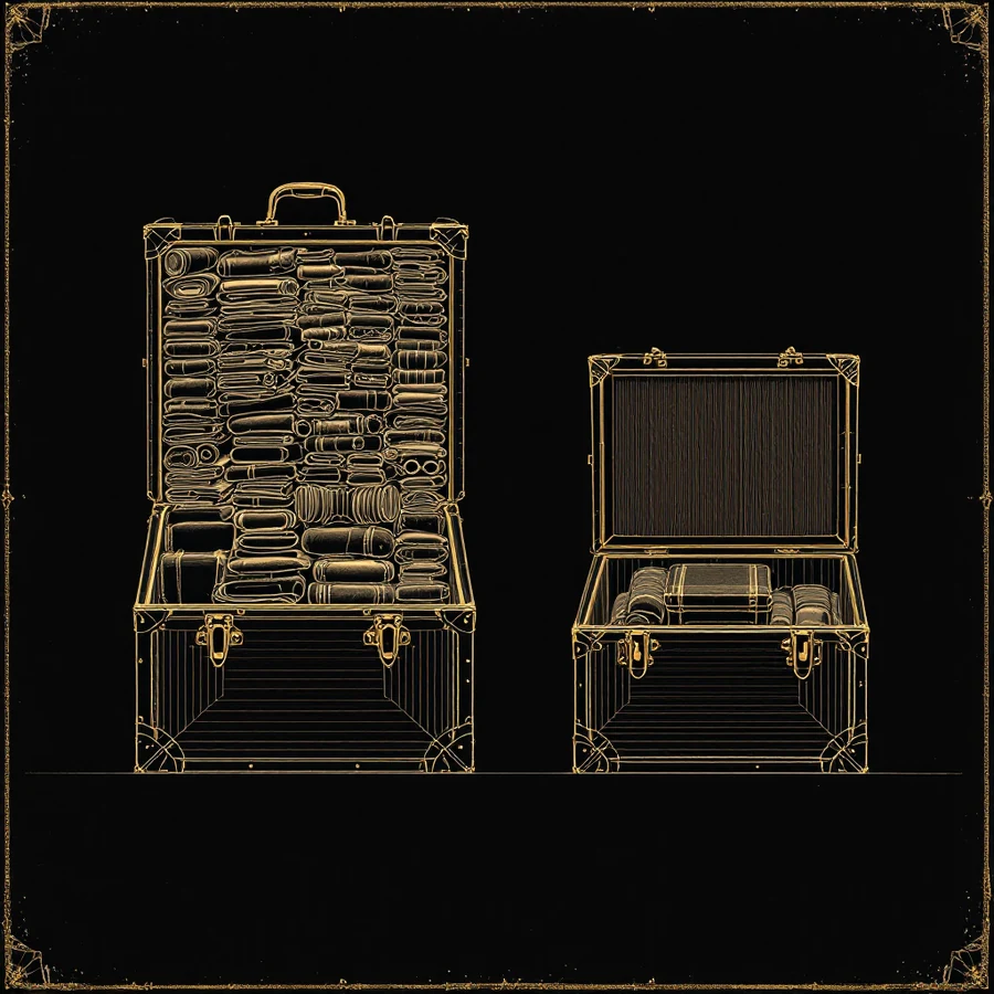 Two travelling trunks drawn in cross-section: the larger one packed solid to the lid, the smaller one nearly empty.